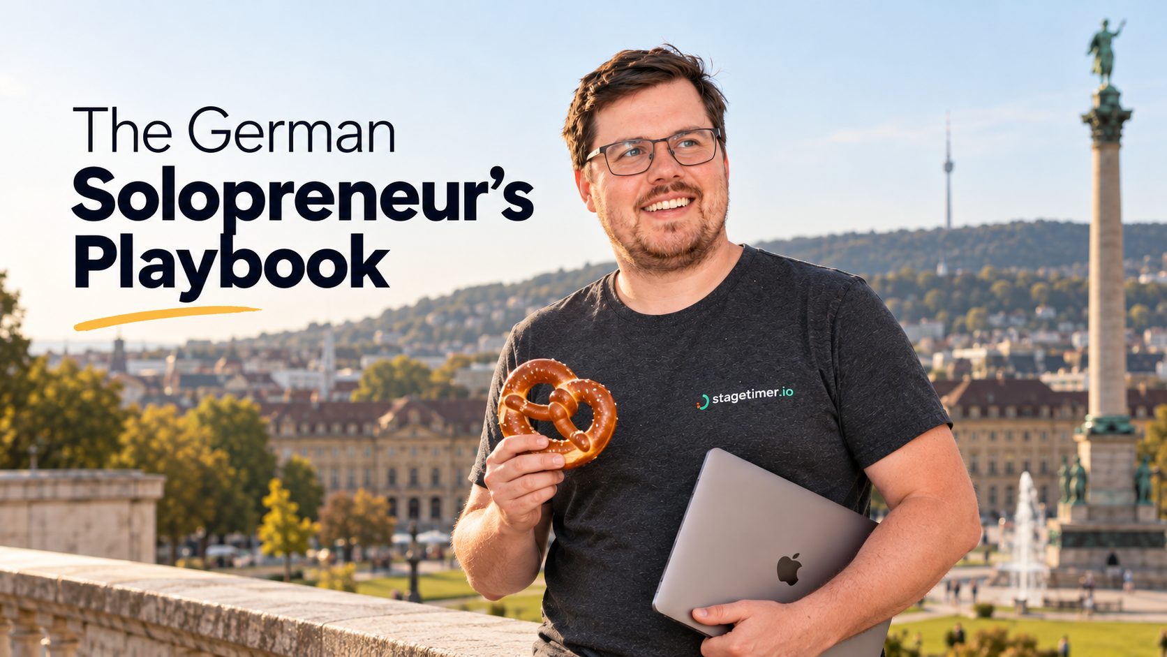 The German Solopreneur's Playbook: Lukas Hermann with a pretzel and a laptop at Schlossplatz, Stuttgart