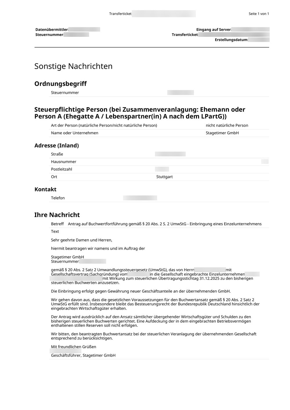 ELSTER transmission log of a message to the tax office: application to continue book values under §20 Abs. 2 S. 2 UmwStG for the contributed Einzelunternehmen