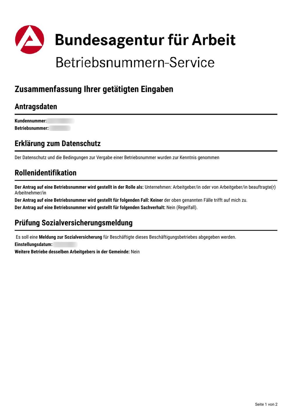 Summary of the online application for a Betriebsnummer at the Bundesagentur für Arbeit