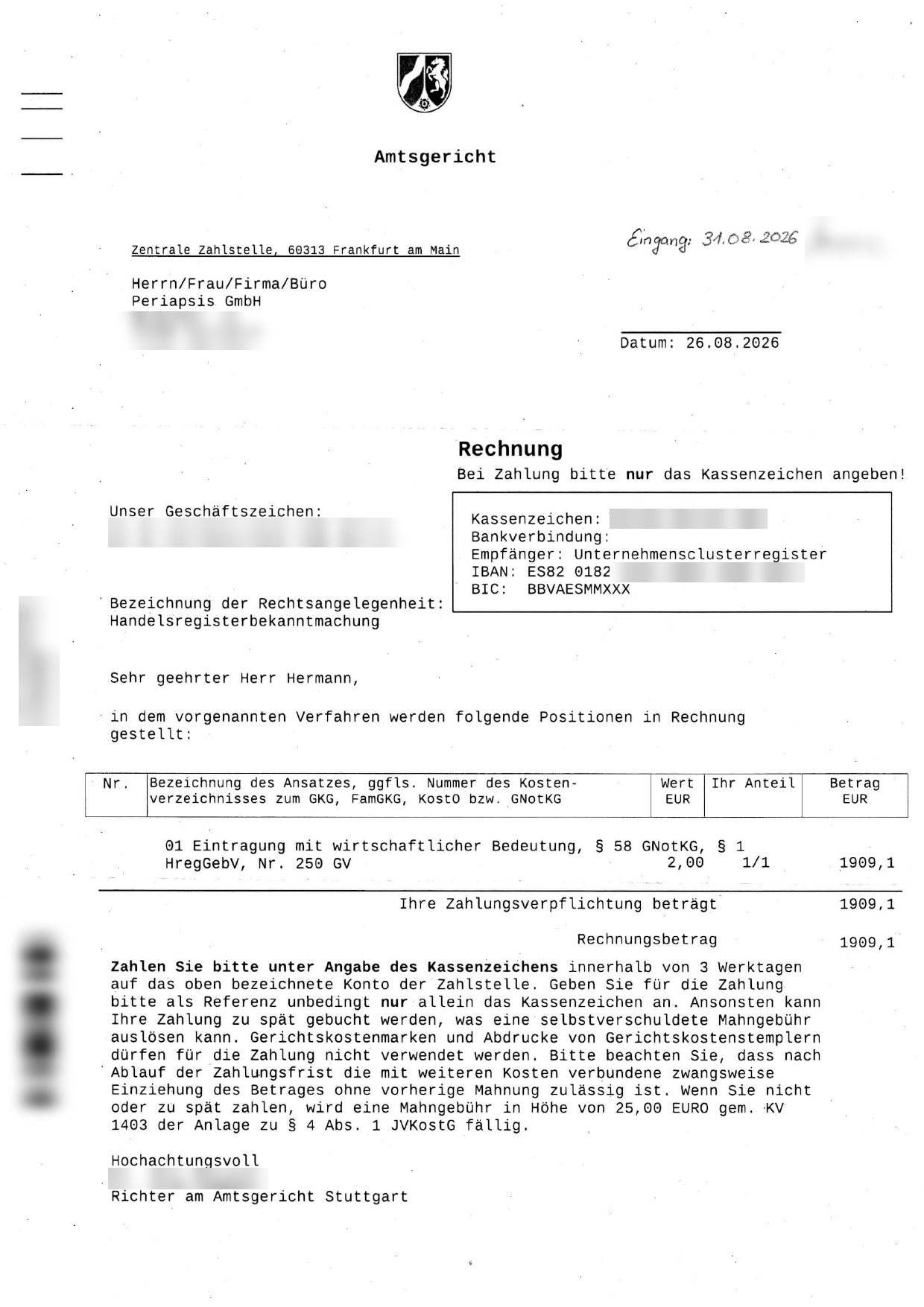 A fake "Amtsgericht" invoice for €1,909.10 with a Spanish IBAN (confidential details blurred)
