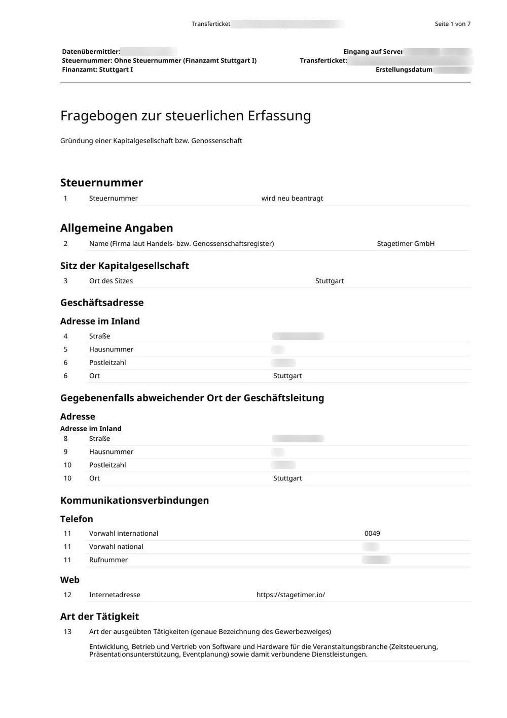 Page 1 of the FsE transmission protocol: tax number, company name, seat, addresses, phone, website and activity (addresses and phone blurred)