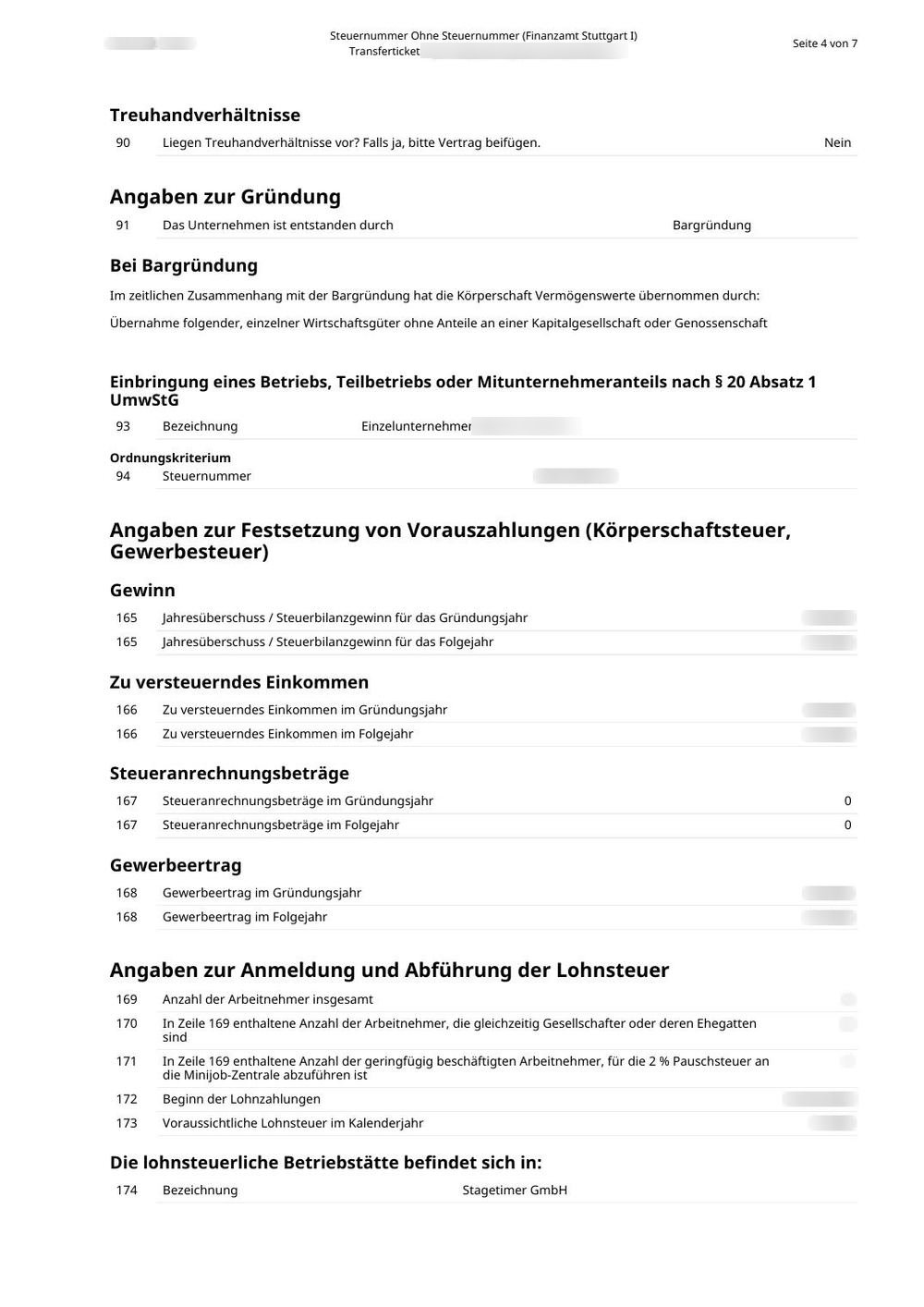 Page 4 of the FsE: founding type, the contribution under §20 UmwStG, the estimates for prepayments and the payroll block (all numbers blurred)