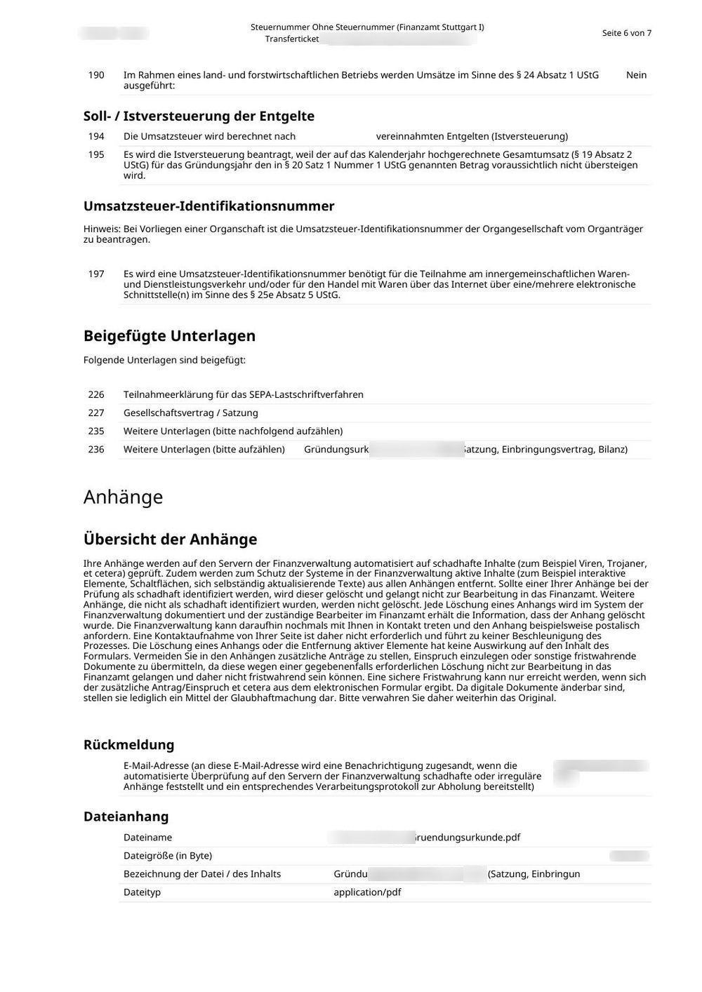 Page 6 of the FsE: Ist-taxation requested, VAT ID requested, attachments (attachment details and email blurred)