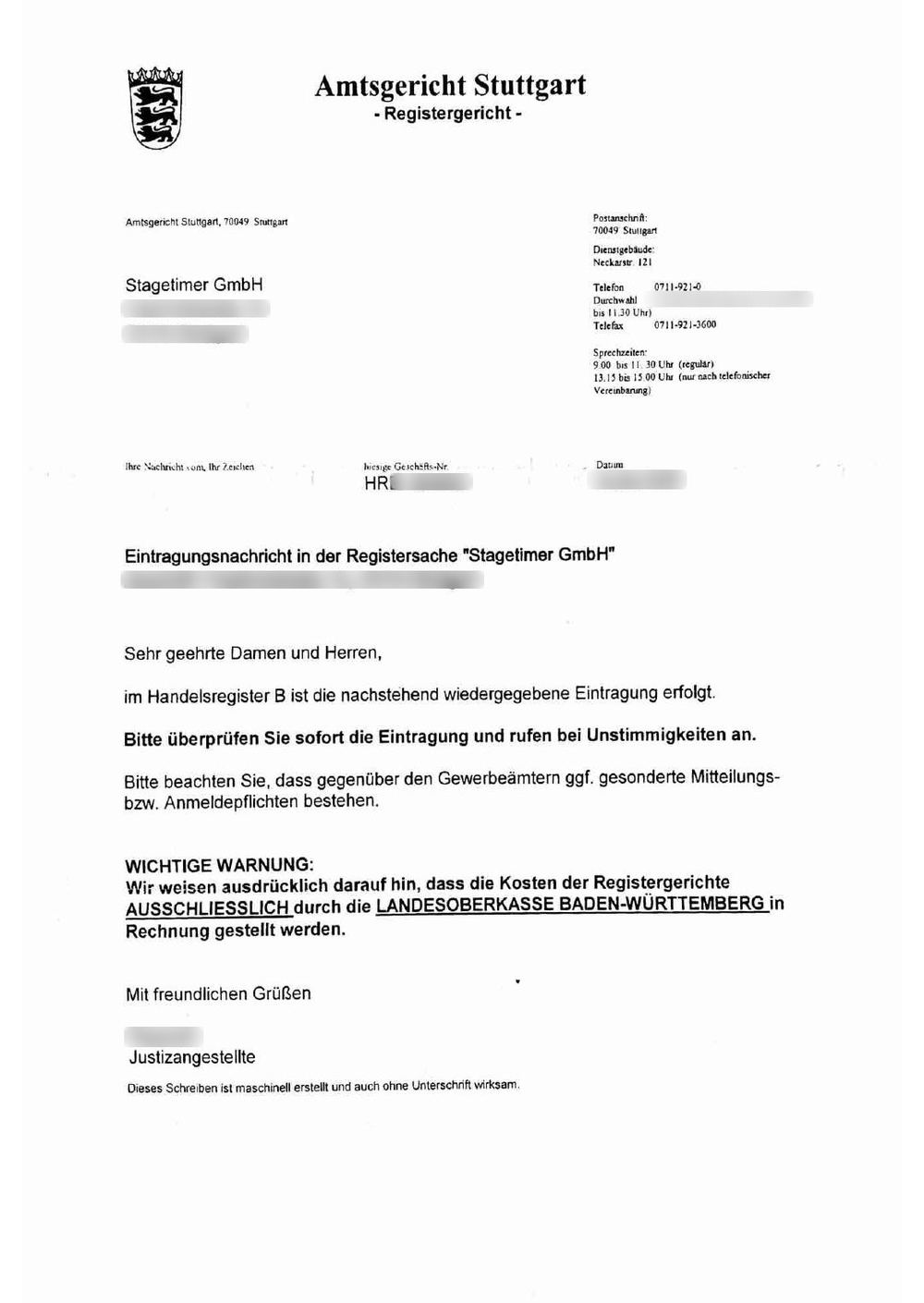 Entry notice from Amtsgericht Stuttgart for Stagetimer GmbH, with a warning that register costs are billed only by the Landesoberkasse