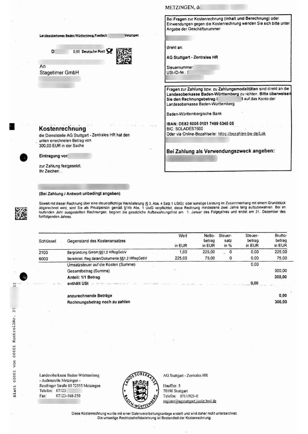 Real cost invoice from Landesoberkasse Baden-Württemberg for €300: €225 for the entry and €75 for register data