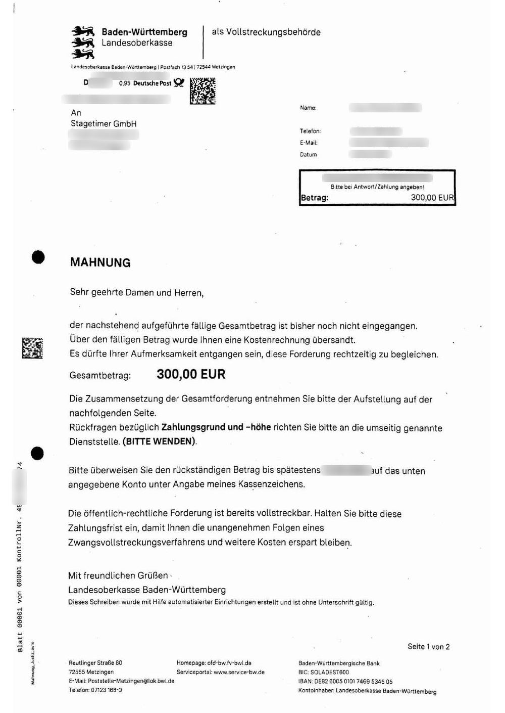 Payment reminder (Mahnung) from Landesoberkasse Baden-Württemberg for €300