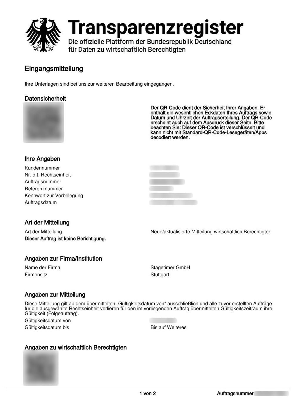 Transparenzregister confirmation of receipt for Stagetimer GmbH
