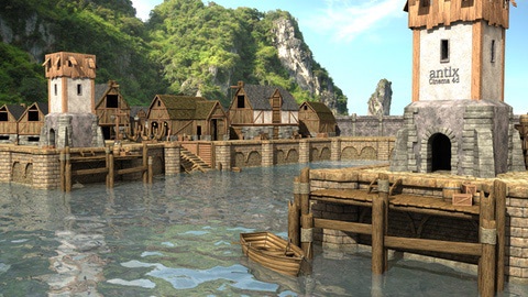 3D render of a harbor scene